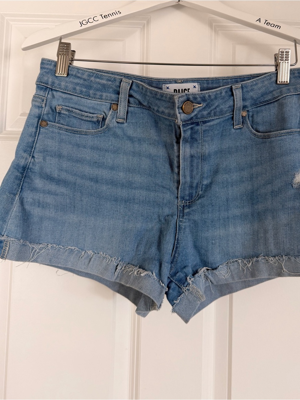 PAIGE Light Wash Denim Cutoff Shorts